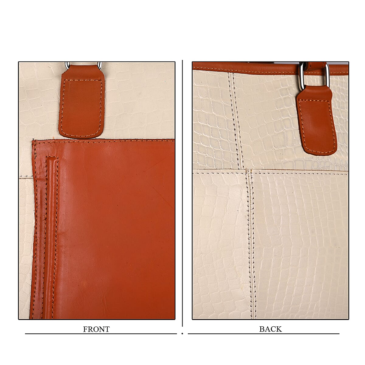 La Marey Beige & Tan Genuine Leather Tote Bag with Front Pocket image number 7