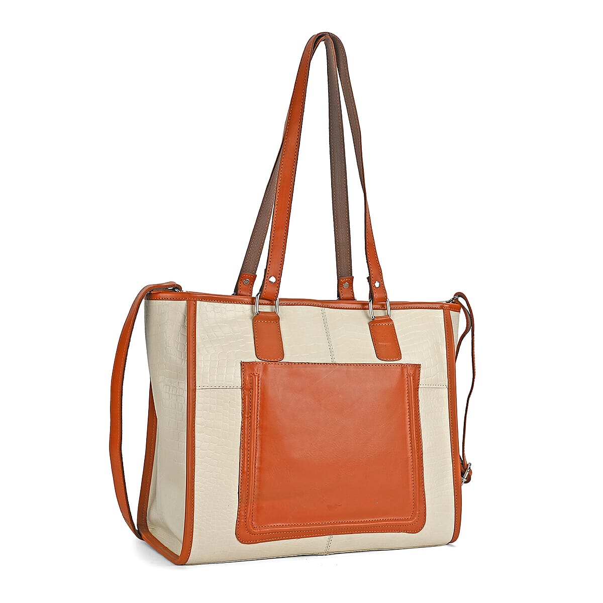 La Marey Beige & Tan Genuine Leather Tote Bag with Front Pocket image number 8