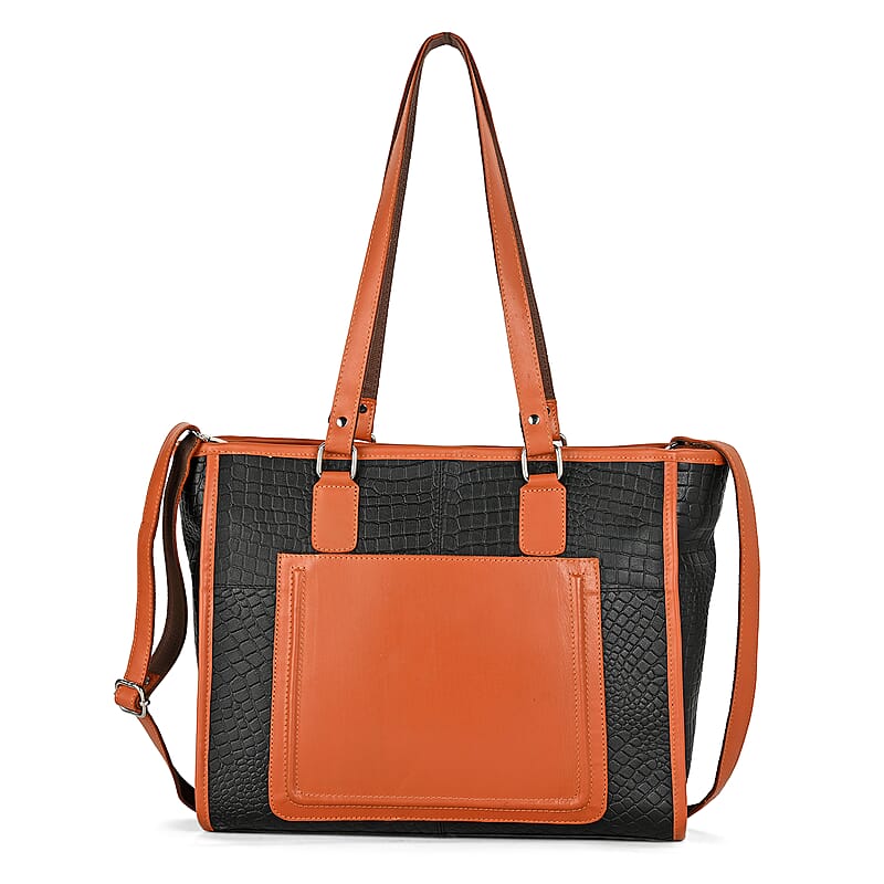 La Marey Black & Tan Genuine Leather Tote Bag with Front Pocket