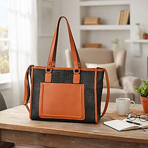 La Marey Black & Tan Genuine Leather Tote Bag with Front Pocket 