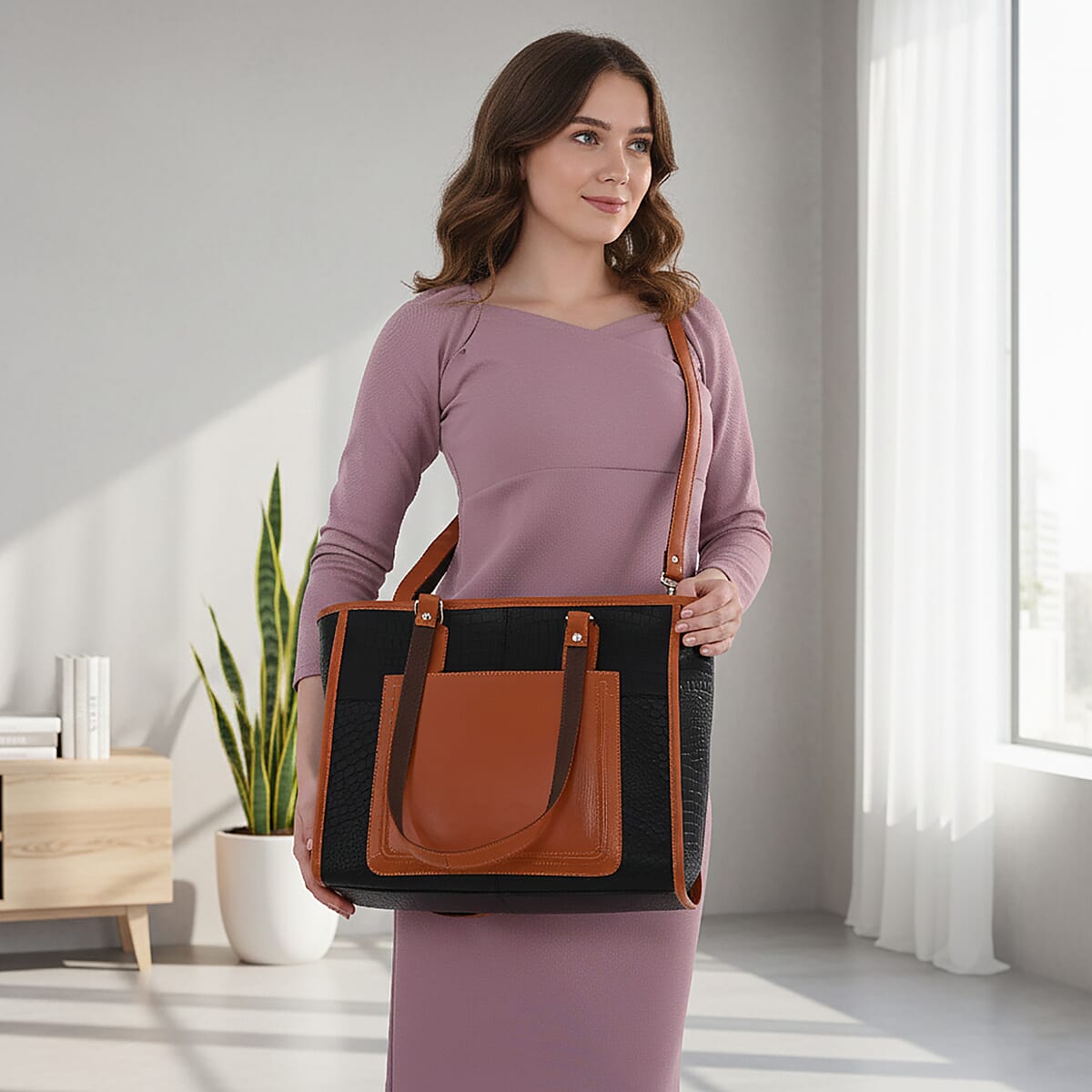 La Marey Black & Tan Genuine Leather Tote Bag with Front Pocket  image number 2