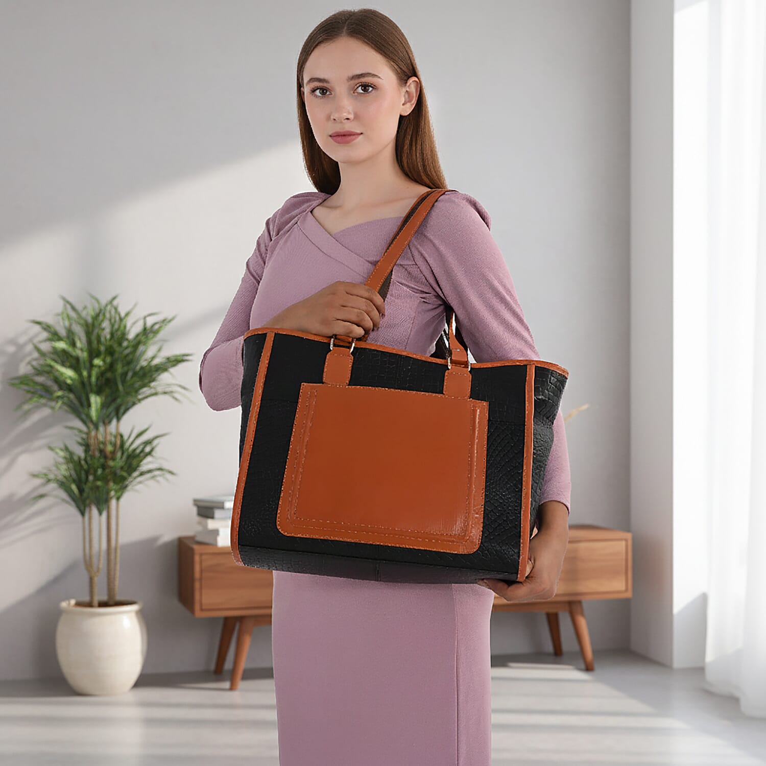 La Marey Black & Tan Genuine Leather Tote Bag with Front Pocket