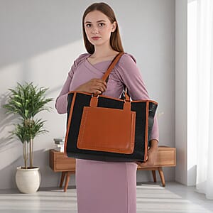 La Marey Black & Tan Genuine Leather Tote Bag with Front Pocket 