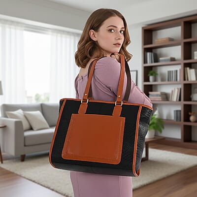 La Marey Black & Tan Genuine Leather Tote Bag with Front Pocket