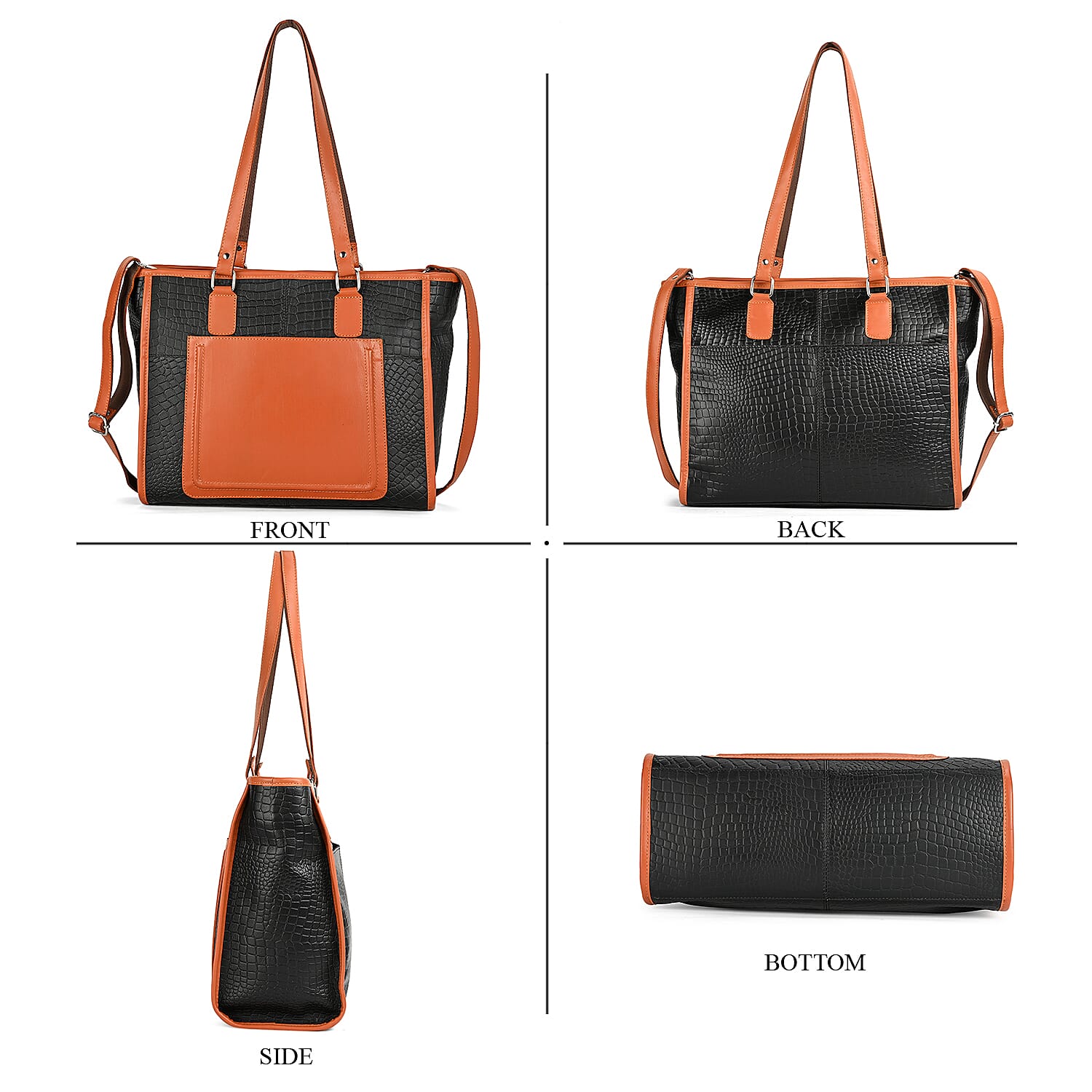 La Marey Black & Tan Genuine Leather Tote Bag with Front Pocket