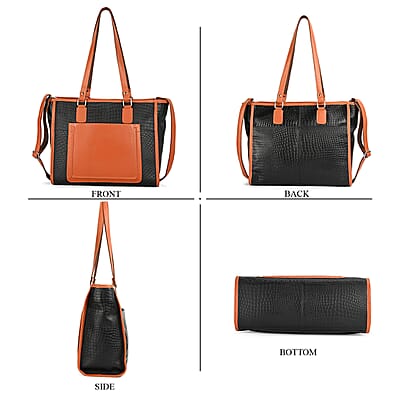 La Marey Black & Tan Genuine Leather Tote Bag with Front Pocket