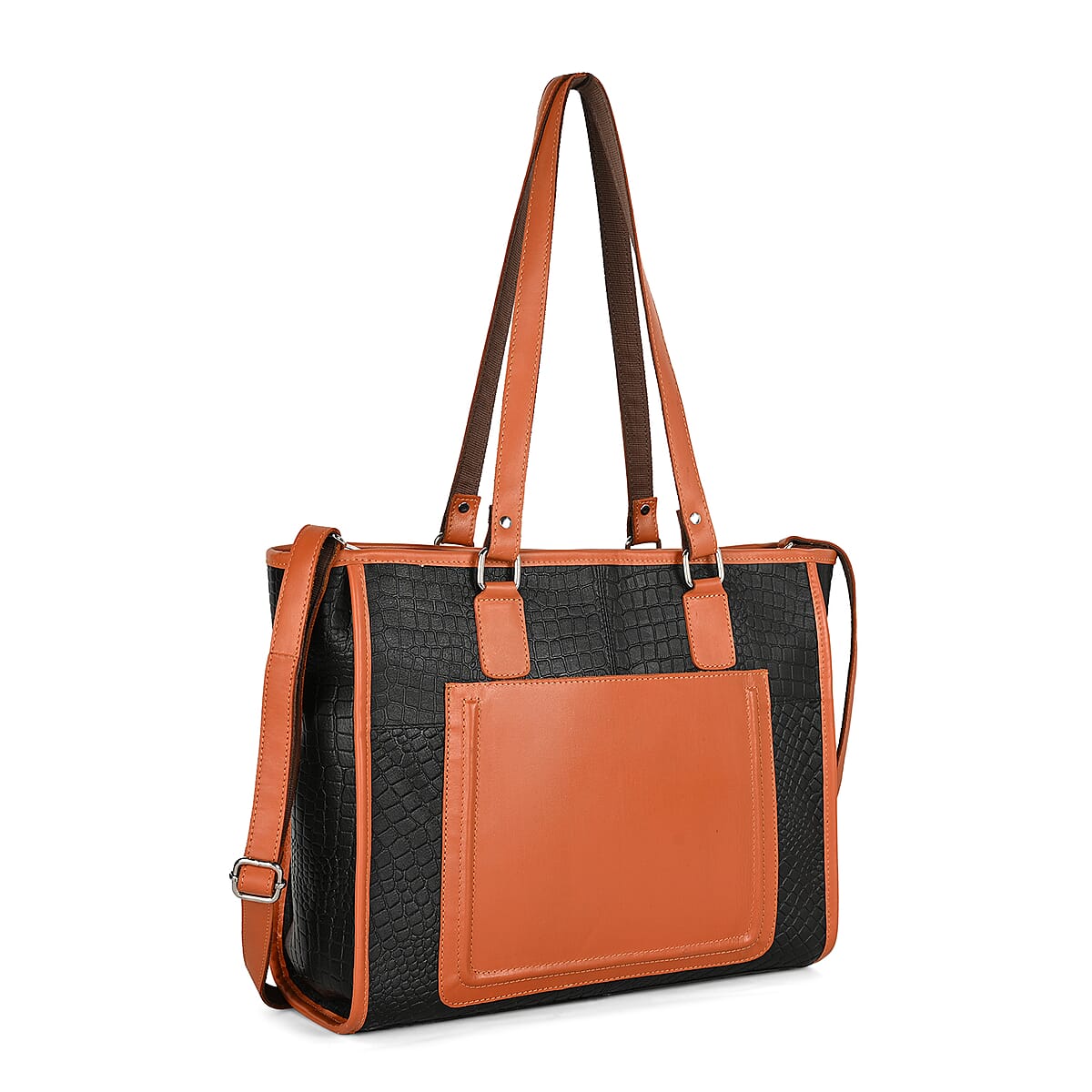 La Marey Black & Tan Genuine Leather Tote Bag with Front Pocket  image number 8