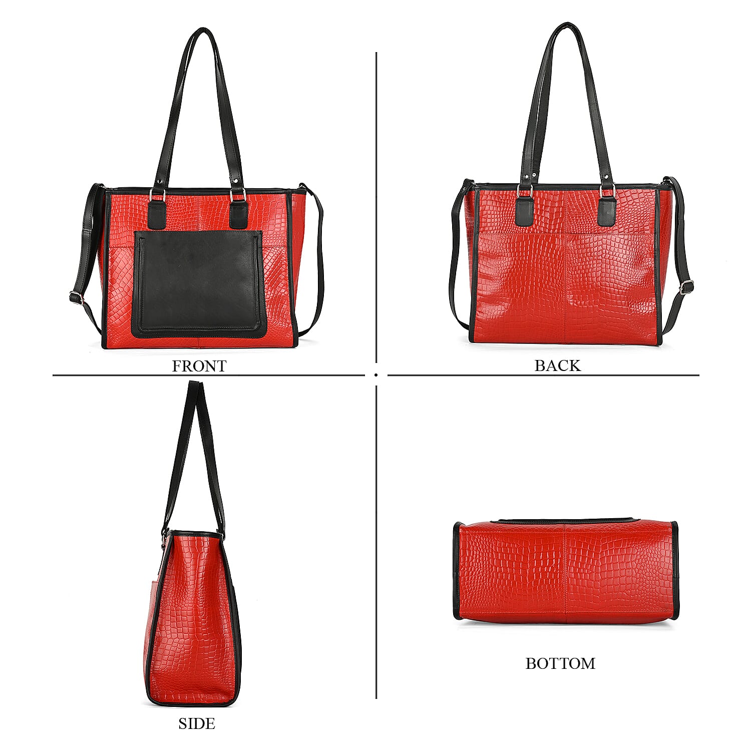 La Marey Red & Black Genuine Leather Tote Bag with Front Pocket