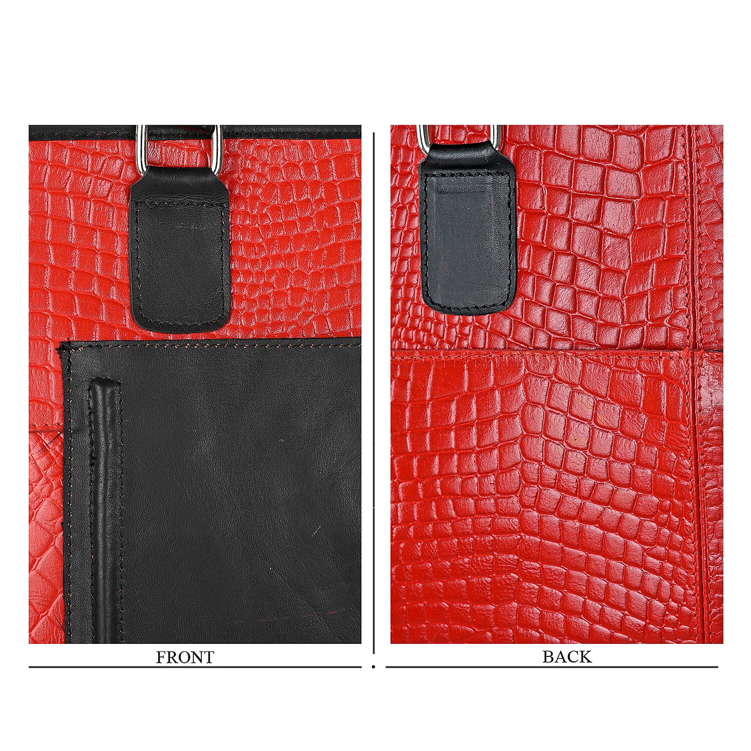 La Marey Red & Black Genuine Leather Tote Bag with Front Pocket
