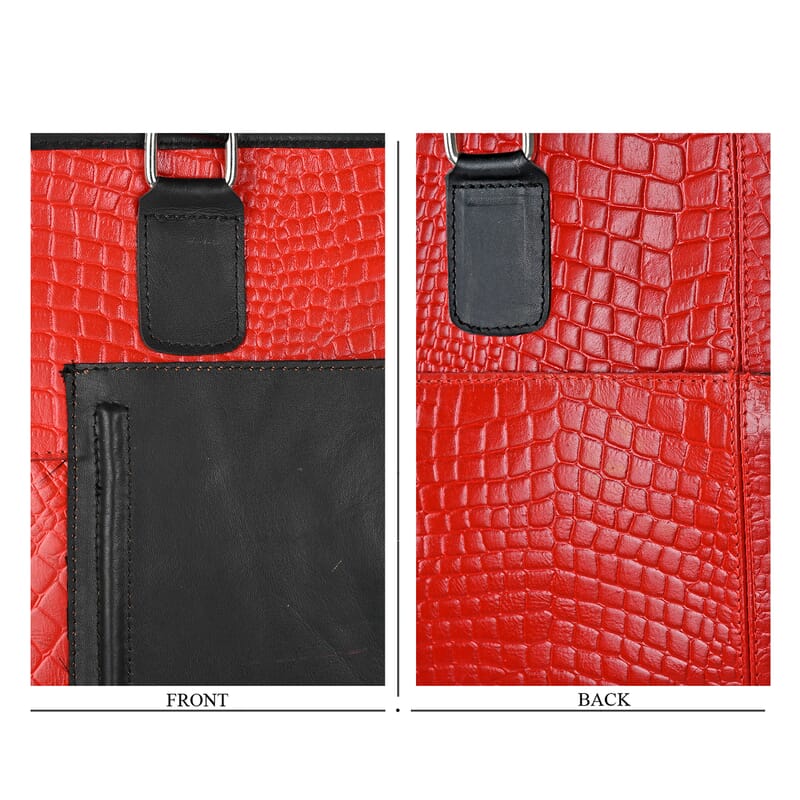 La Marey Red & Black Genuine Leather Tote Bag with Front Pocket