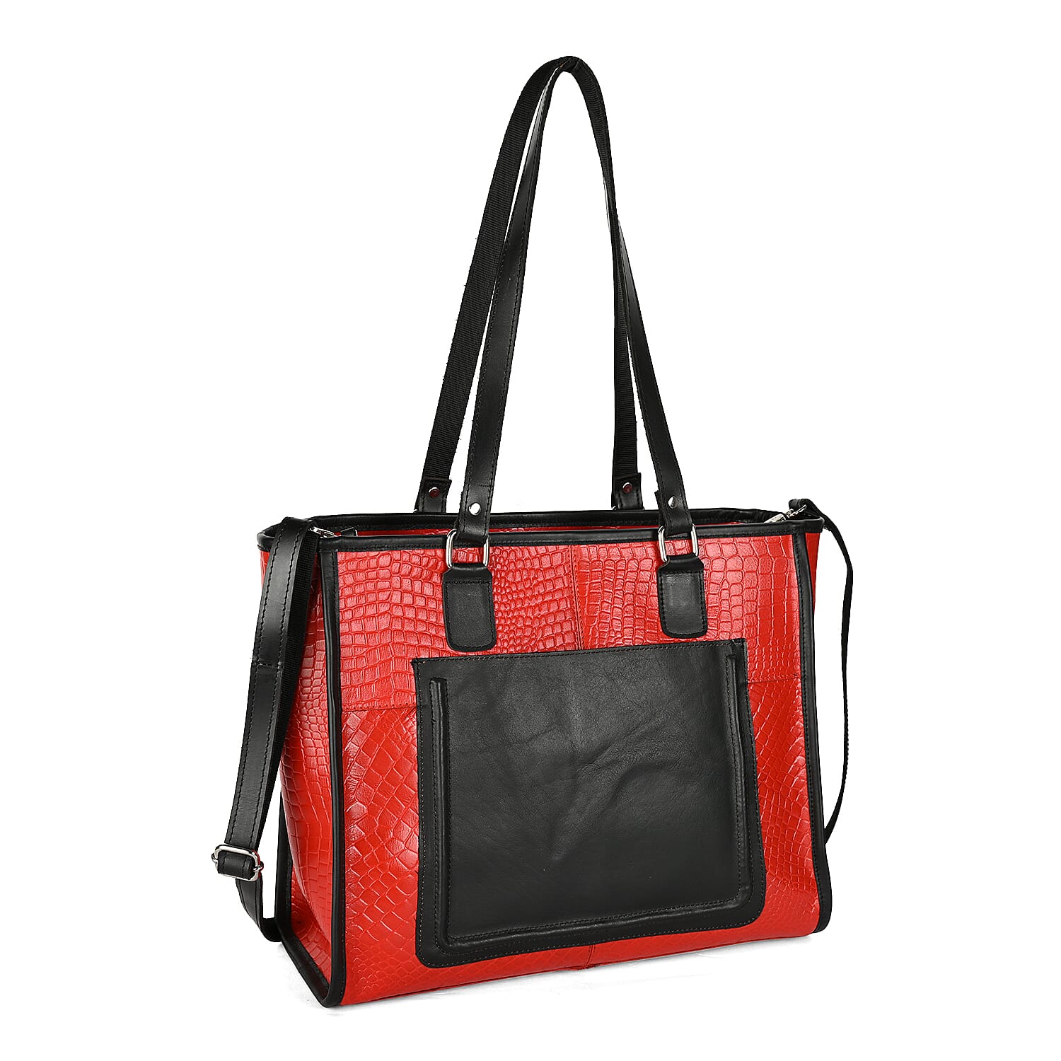 La Marey Red & Black Genuine Leather Tote Bag with Front Pocket