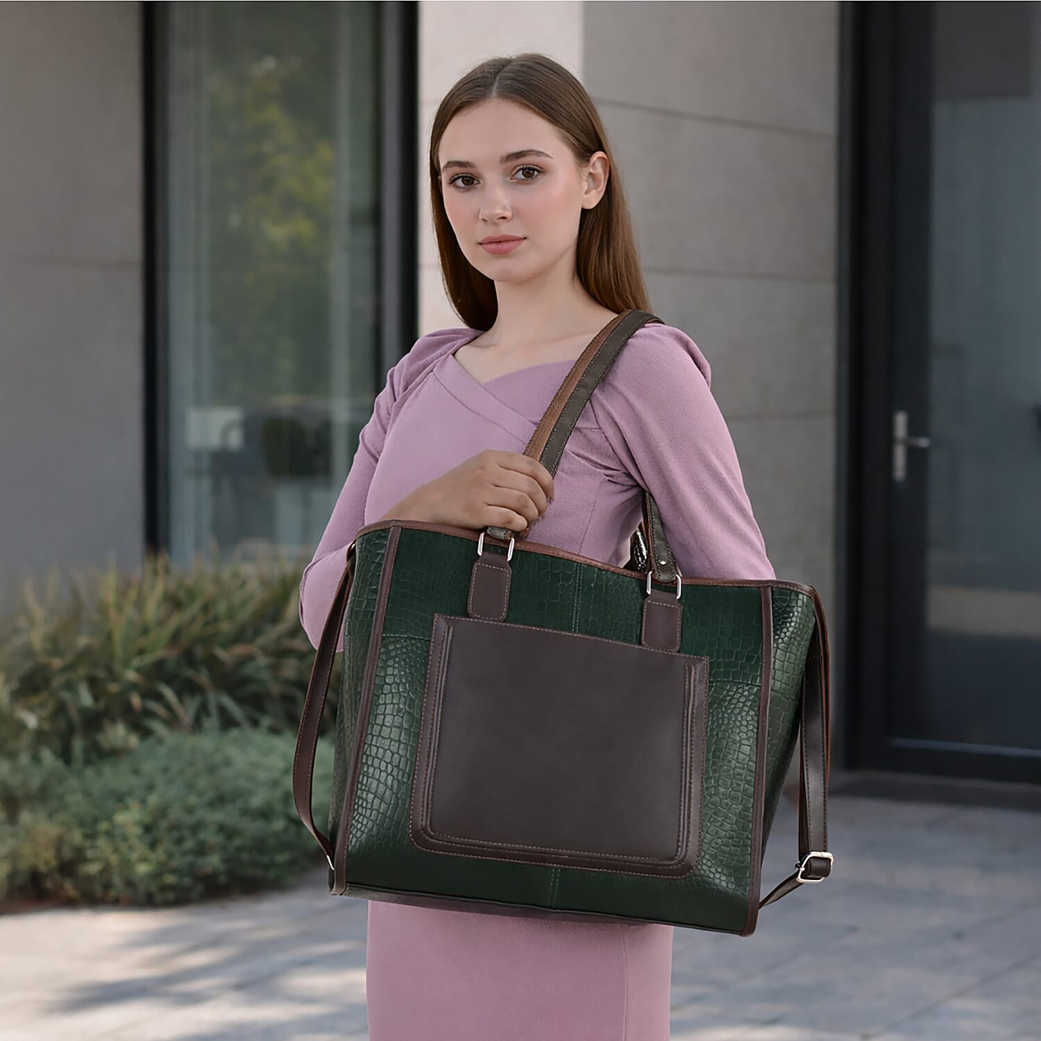 La Marey Green & Coffee Genuine Leather Tote Bag with Front Pocket