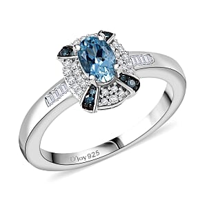 D'Joy Santa Maria Aquamarine, Blue and White Diamond 0.75 ctw Ocean Bloom Ring in Rhodium Over Sterling Silver (Size 10.0) 