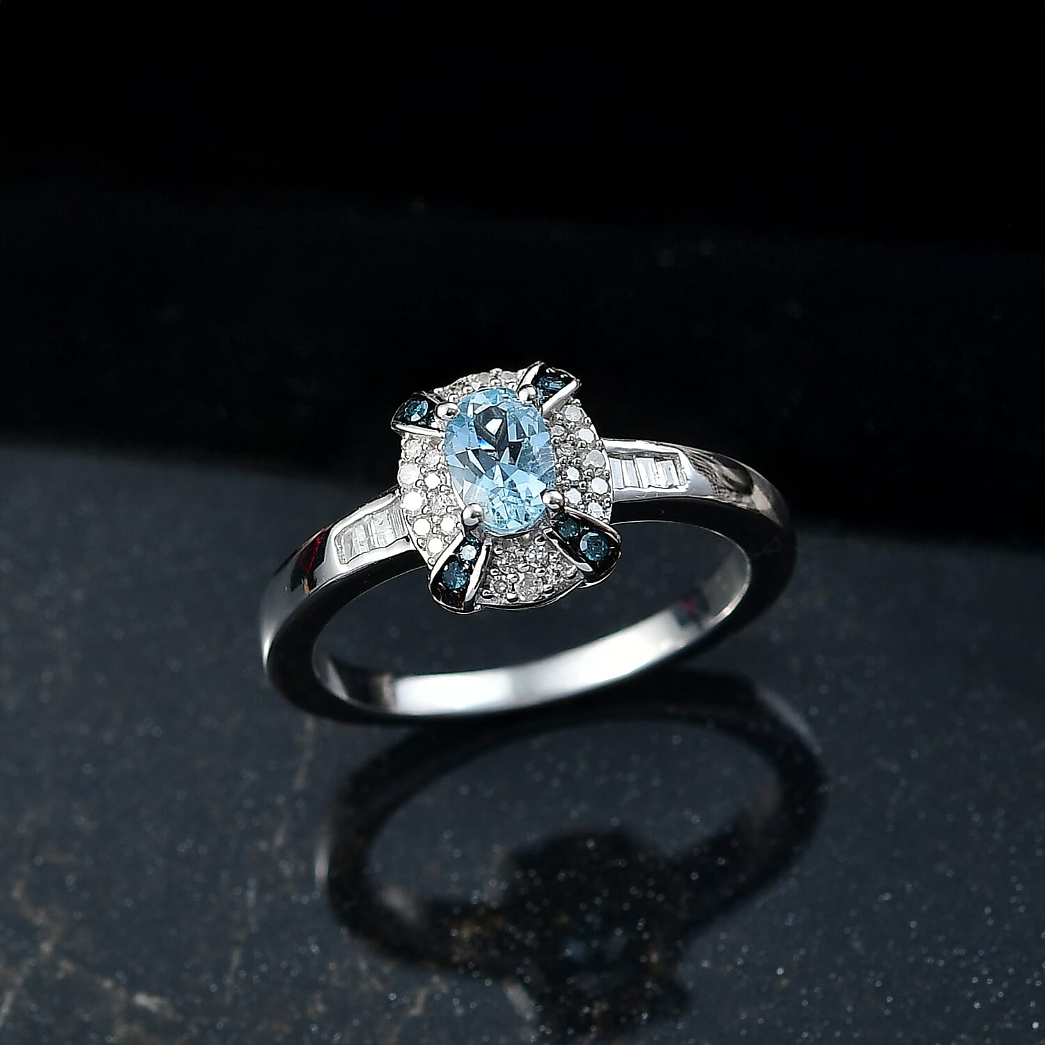 D'Joy Santa Maria Aquamarine, Blue Diamond, Diamond Ring in Rhodium Over Sterling Silver 0.75 ctw (Size 10.0)