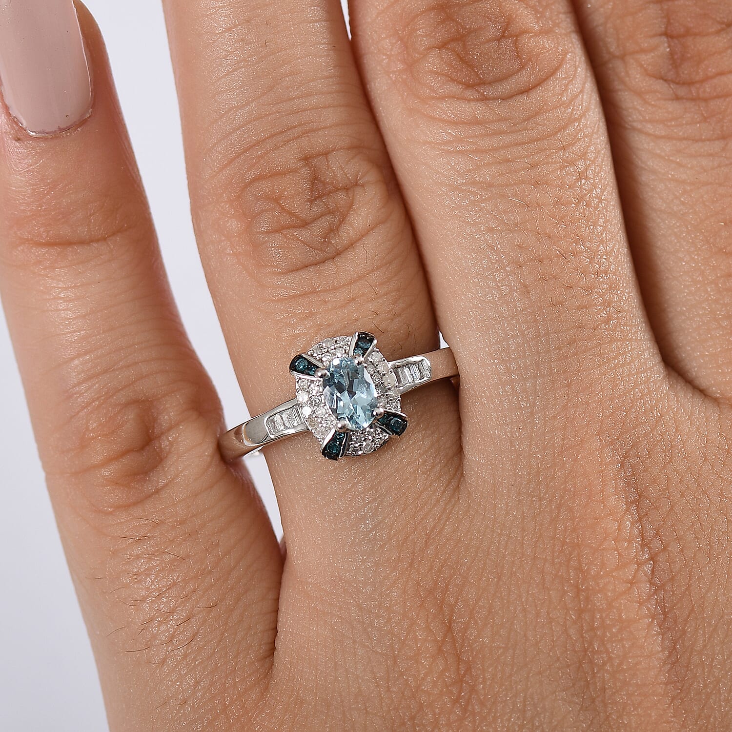 D'Joy Santa Maria Aquamarine, Blue Diamond, Diamond Ring in Rhodium Over Sterling Silver 0.75 ctw (Size 10.0)