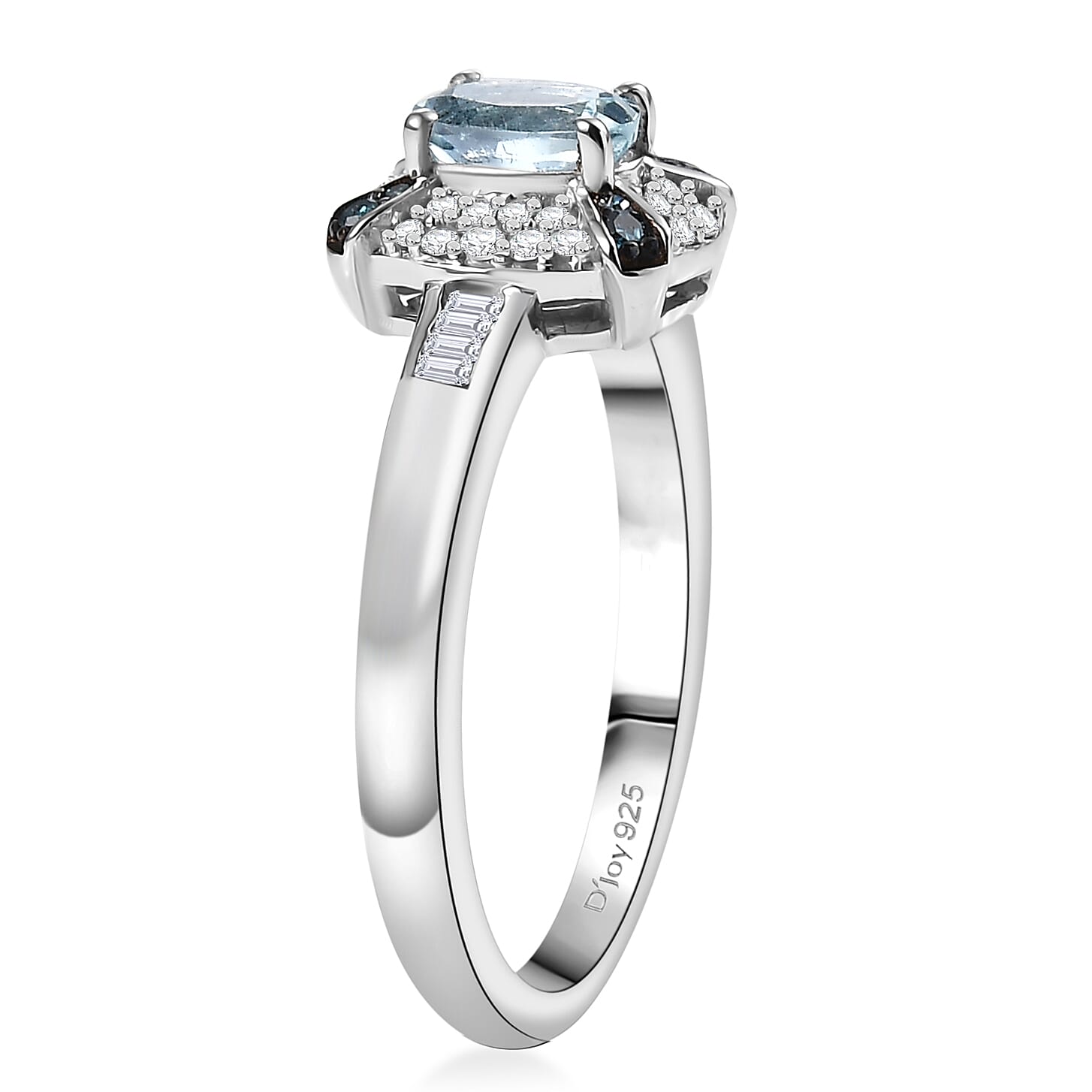 D'Joy Santa Maria Aquamarine, Blue Diamond, Diamond Ring in Rhodium Over Sterling Silver 0.75 ctw (Size 10.0)