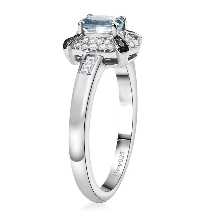 D'Joy Santa Maria Aquamarine, Blue Diamond, Diamond Ring in Rhodium Over Sterling Silver 0.75 ctw (Size 10.0)