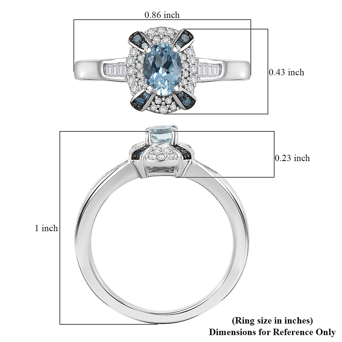 D'Joy Santa Maria Aquamarine, Blue Diamond, Diamond Ring in Rhodium Over Sterling Silver 0.75 ctw (Size 10.0)