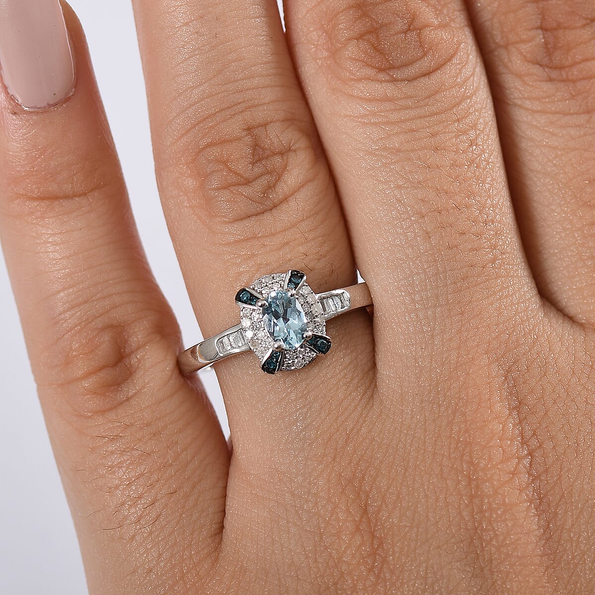 D'Joy Santa Maria Aquamarine, Blue and White Diamond 0.75 ctw Ocean Bloom Ring in Rhodium Over Sterling Silver (Size 5.0)  image number 2