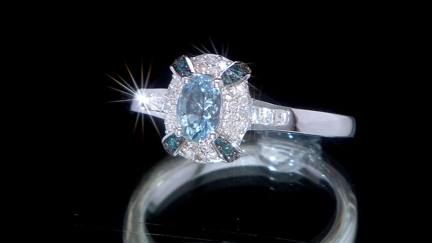D'Joy Santa Maria Aquamarine, Blue and White Diamond 0.75 ctw Ring in Rhodium Over Sterling Silver (Size 10.0)