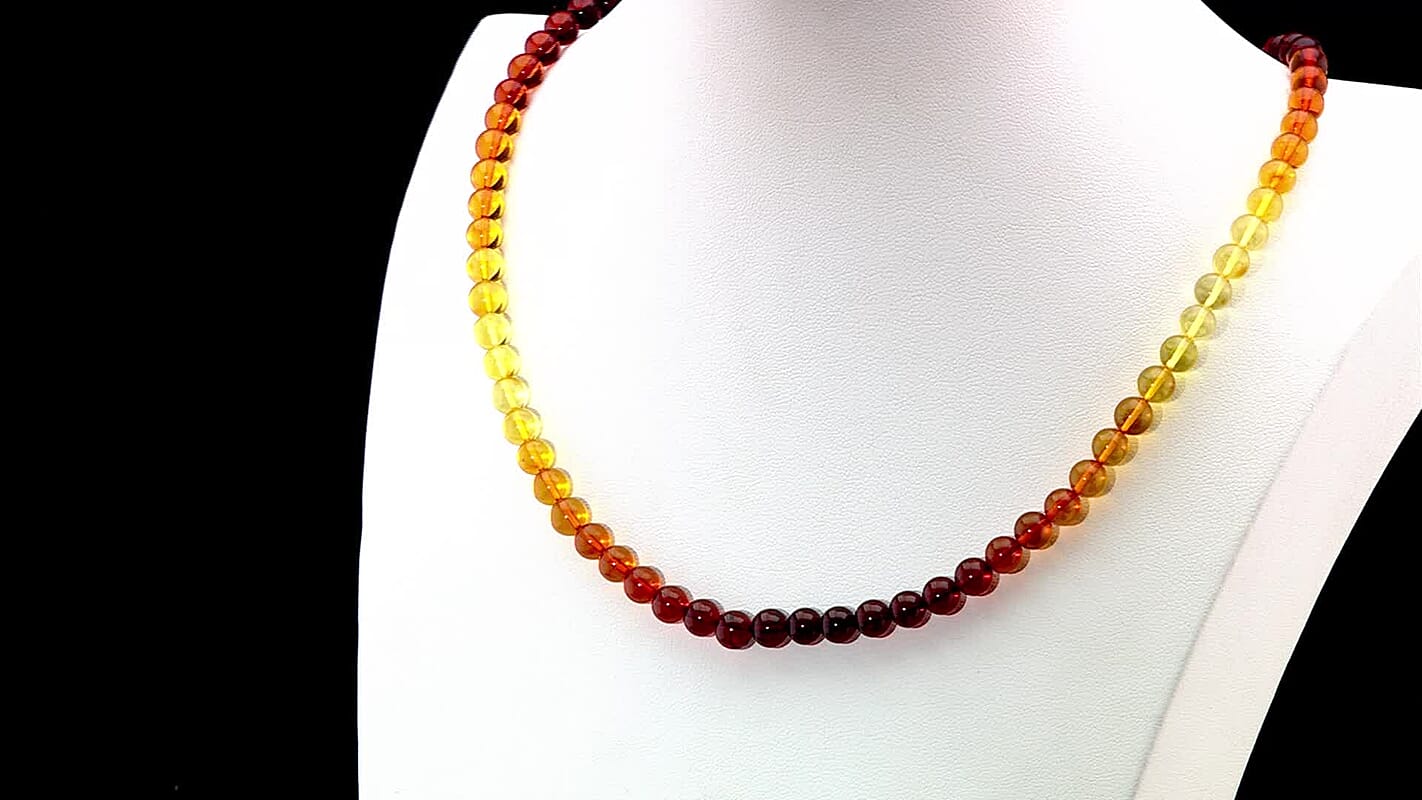 Shades of Amber Beaded Necklace in Rhodium Over Sterling Silver 20 Inches