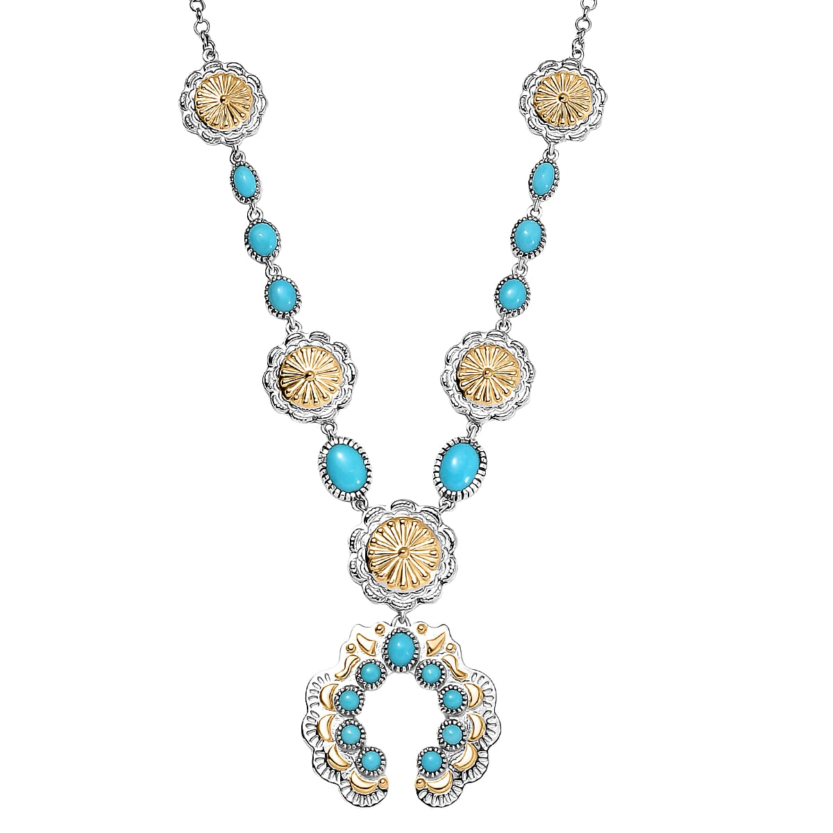 D'Joy Artisan Crafted Premium Sleeping Beauty Turquoise 5.20 ctw Native American Concho Necklace in 18K YG and Rhodium Over Sterling Silver 18 Inches image number 0