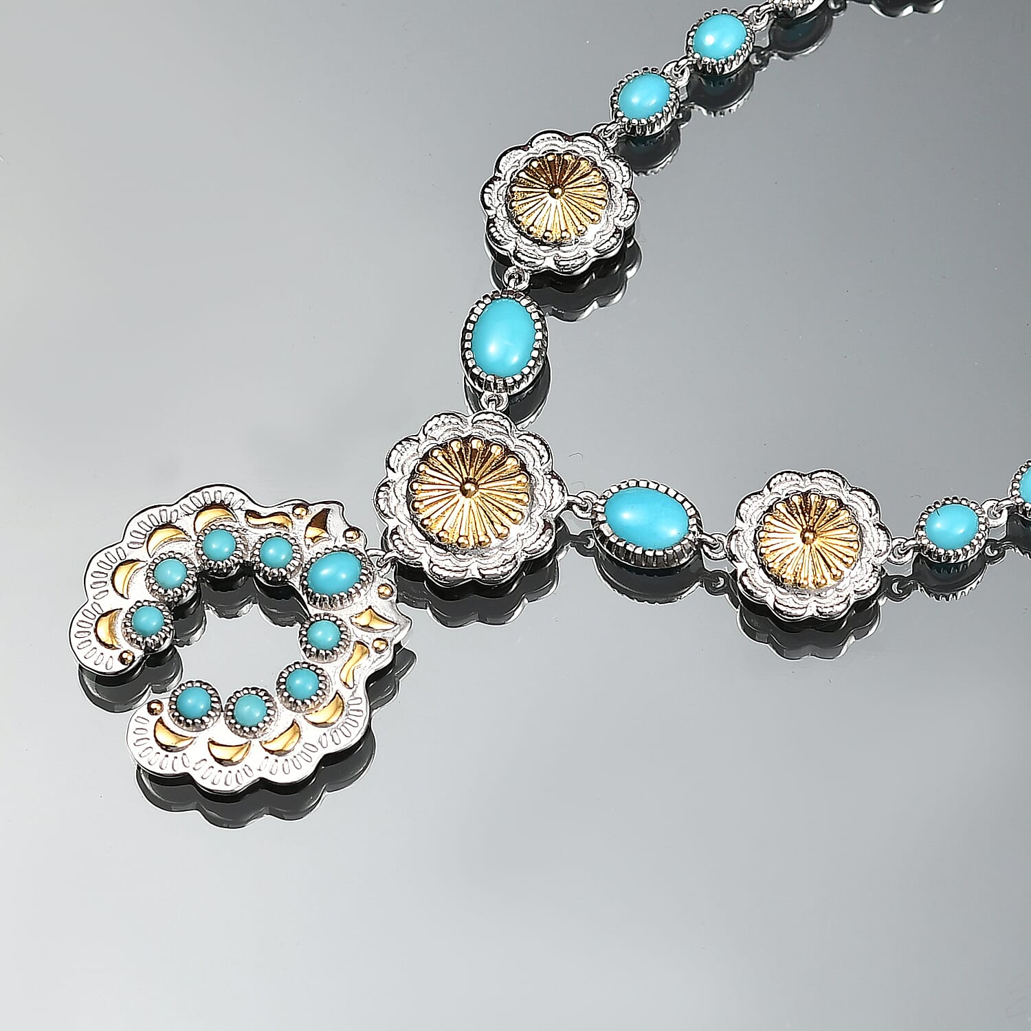 D'Joy Artisan Crafted Premium Sleeping Beauty Turquoise 5.20 ctw Native American Concho Necklace in 18K YG and Rhodium Over Sterling Silver 18 Inches