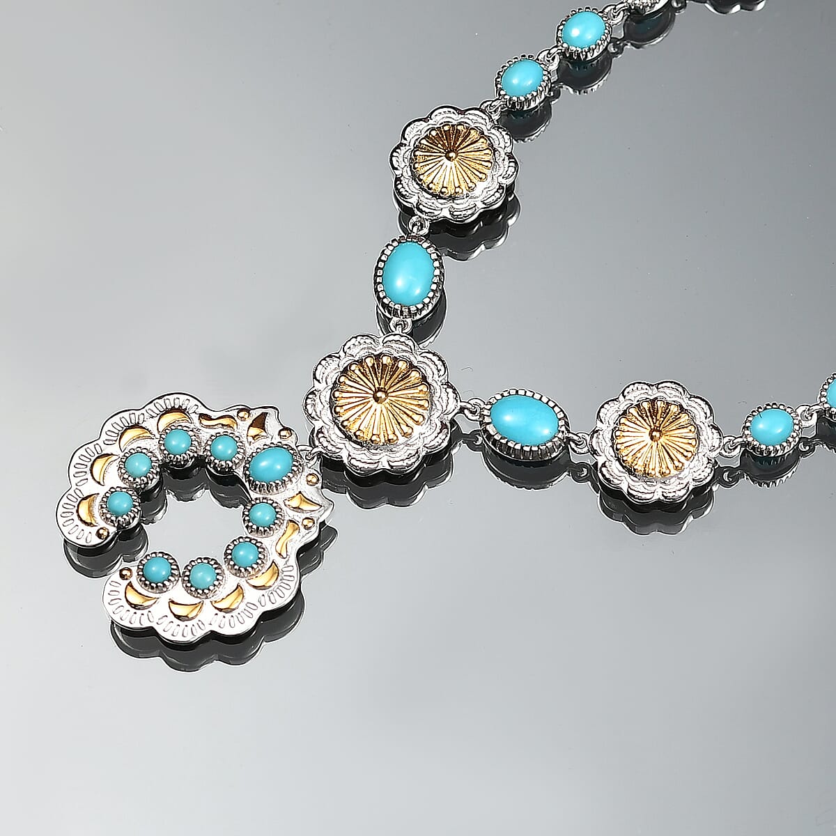 D'Joy Artisan Crafted Premium Sleeping Beauty Turquoise 5.20 ctw Native American Concho Necklace in 18K YG and Rhodium Over Sterling Silver 18 Inches image number 1