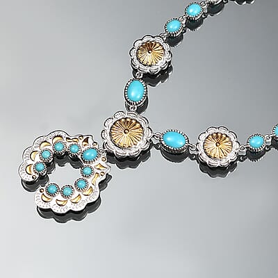 D'Joy Artisan Crafted Premium Sleeping Beauty Turquoise 5.20 ctw Native American Concho Necklace in 18K YG and Rhodium Over Sterling Silver 18 Inches
