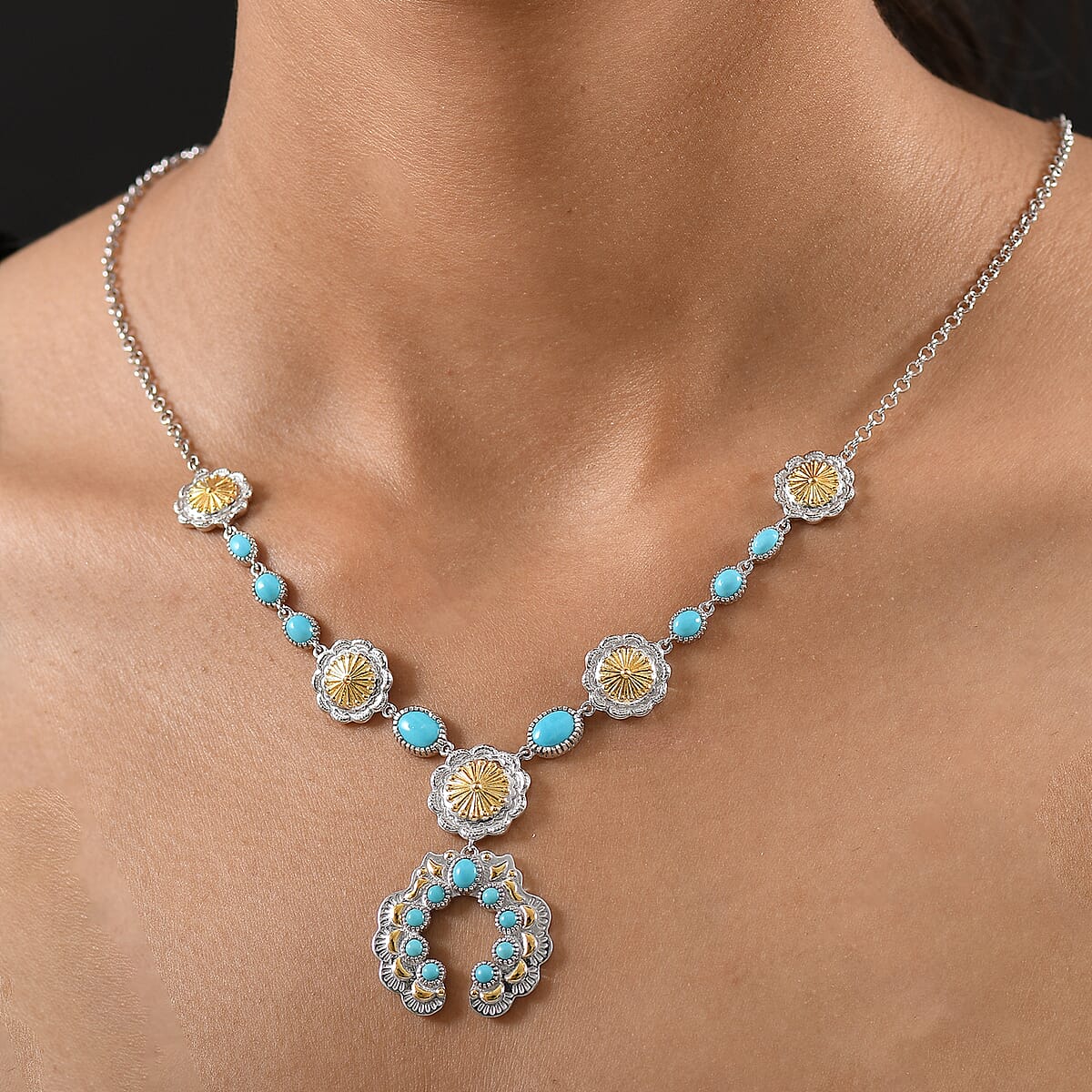 D'Joy Artisan Crafted Premium Sleeping Beauty Turquoise 5.20 ctw Native American Concho Necklace in 18K YG and Rhodium Over Sterling Silver 18 Inches image number 2