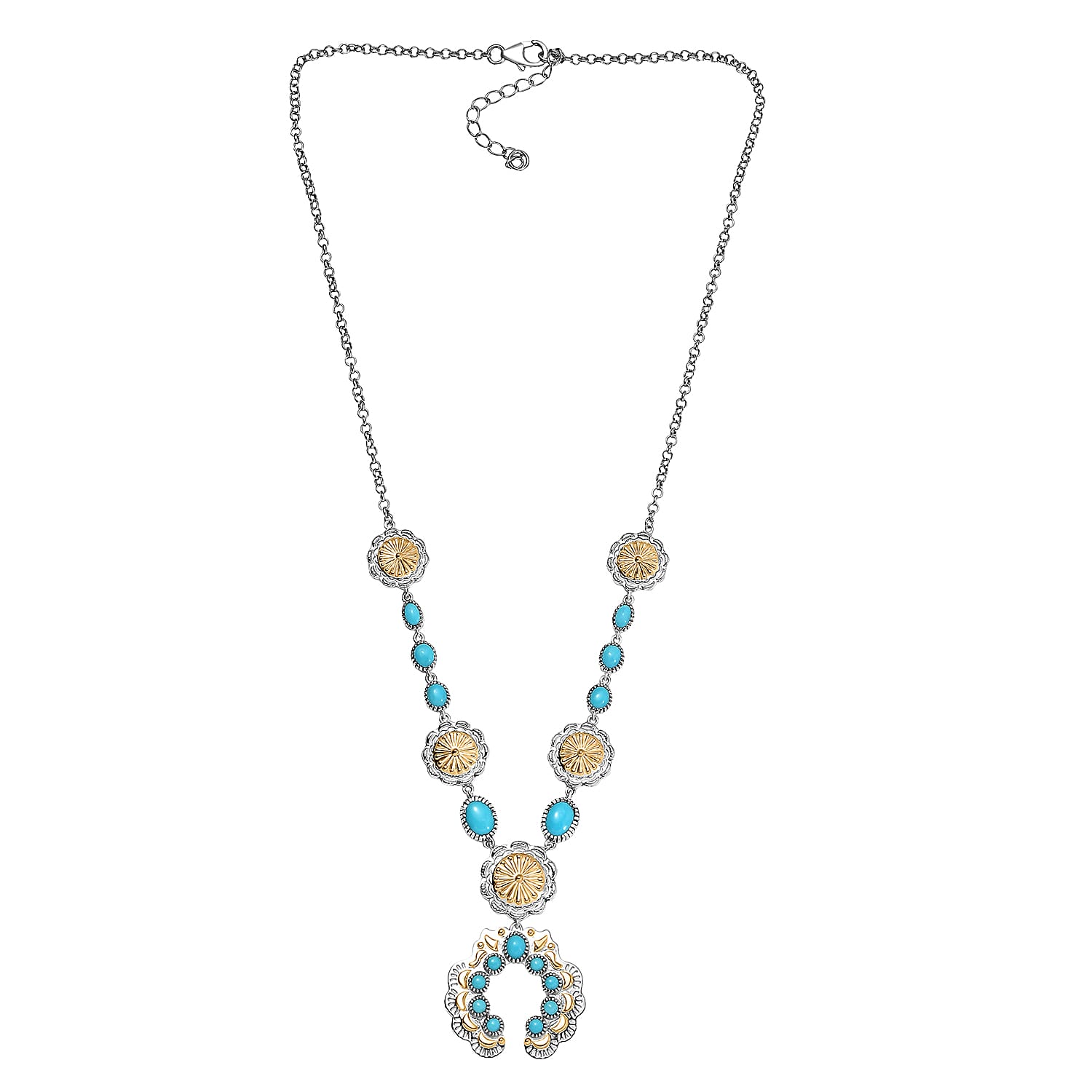 D'Joy Artisan Crafted Premium Sleeping Beauty Turquoise 5.20 ctw Native American Concho Necklace in 18K YG and Rhodium Over Sterling Silver 18 Inches