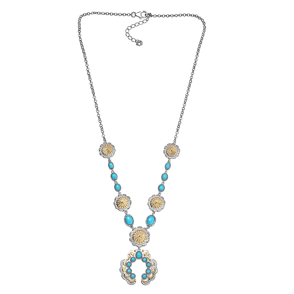 D'Joy Artisan Crafted Premium Sleeping Beauty Turquoise 5.20 ctw Native American Concho Necklace in 18K YG and Rhodium Over Sterling Silver 18 Inches image number 3