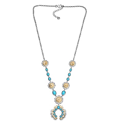 D'Joy Artisan Crafted Premium Sleeping Beauty Turquoise 5.20 ctw Native American Concho Necklace in 18K YG and Rhodium Over Sterling Silver 18 Inches