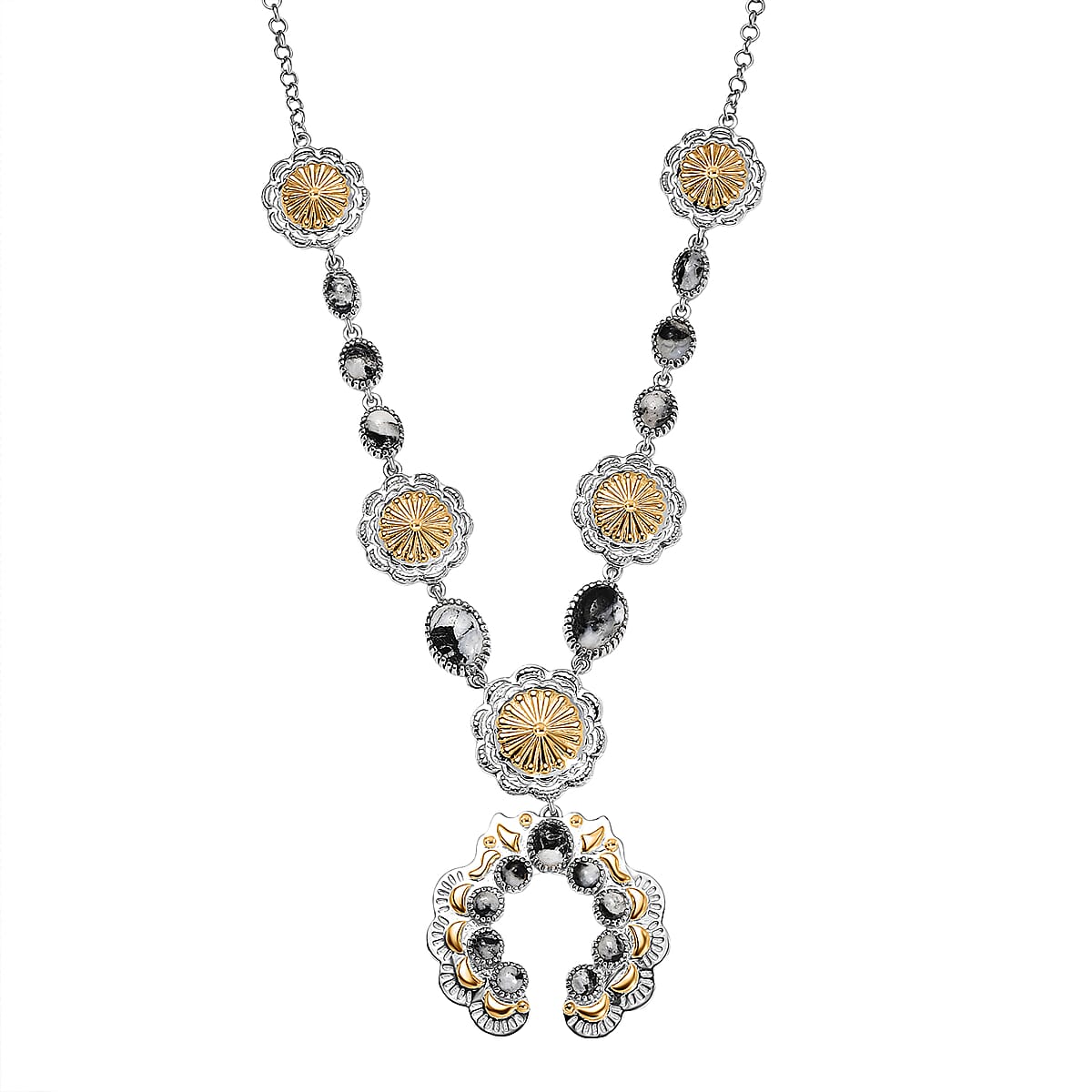 D'Joy Artisan Crafted White Buffalo 6.65 ctw Native American Concho Necklace in 18K YG and Rhodium Over Sterling Silver 18 Inches image number 0