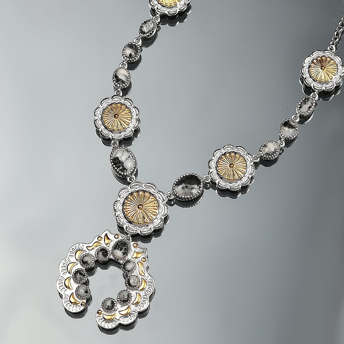 D'Joy Artisan Crafted White Buffalo 6.65 ctw Native American Concho Necklace in 18K YG and Rhodium Over Sterling Silver 18 Inches image number 1