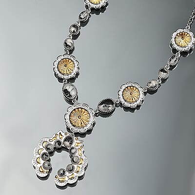 D'Joy Artisan Crafted White Buffalo 6.65 ctw Native American Concho Necklace in 18K YG and Rhodium Over Sterling Silver 18 Inches