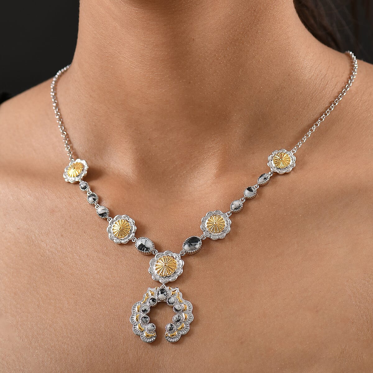 D'Joy Artisan Crafted White Buffalo 6.65 ctw Native American Concho Necklace in 18K YG and Rhodium Over Sterling Silver 18 Inches image number 2