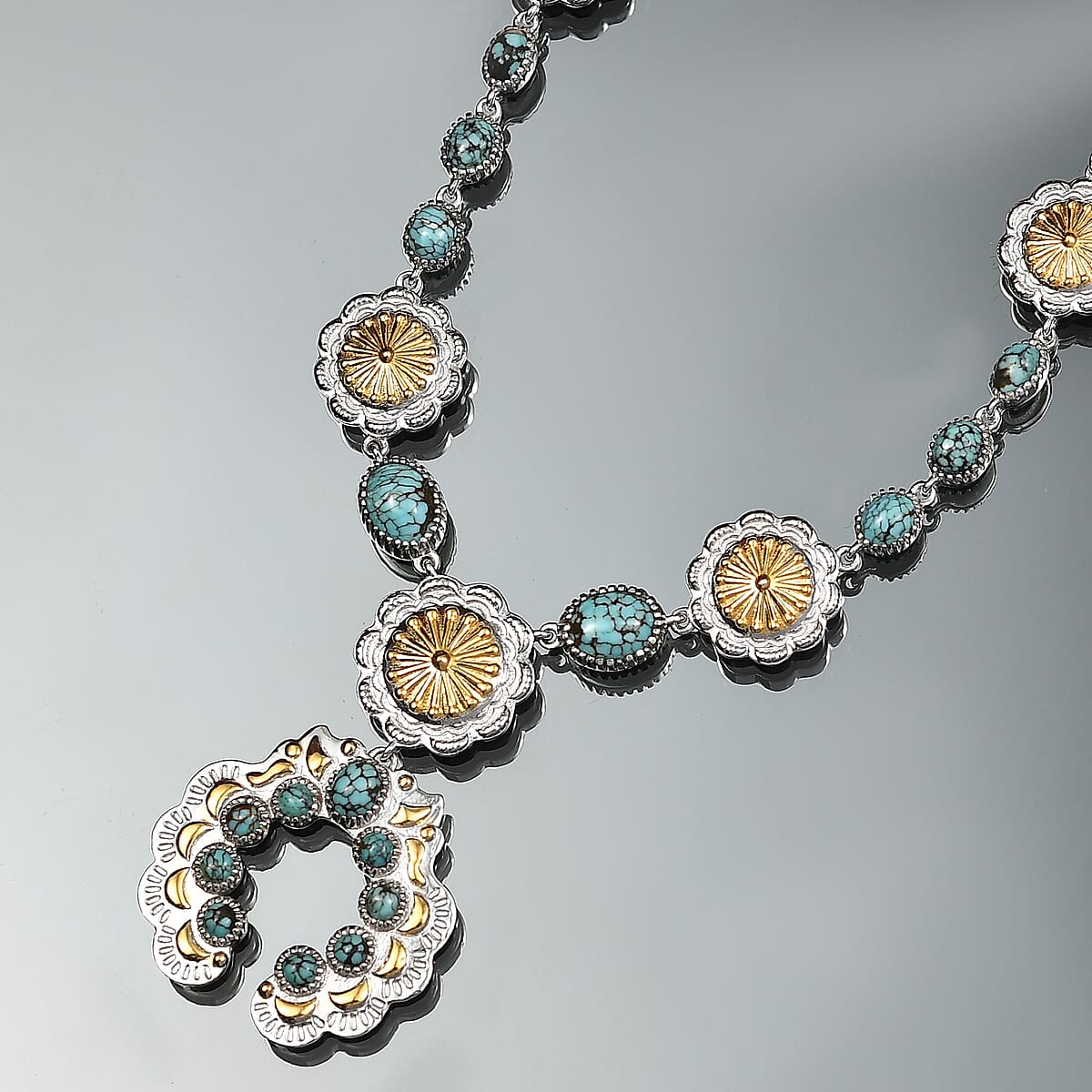 D'Joy Artisan Crafted Blue Moon Turquoise 5.95 ctw Native American Concho Necklace in 18K YG and Rhodium Over Sterling Silver 18 Inches image number 1