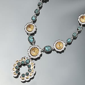D'Joy Artisan Crafted Blue Moon Turquoise 5.95 ctw Native American Concho Necklace in 18K YG and Rhodium Over Sterling Silver 18 Inches