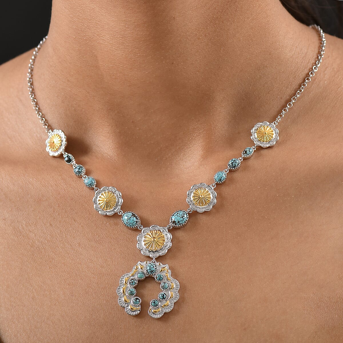 D'Joy Artisan Crafted Blue Moon Turquoise 5.95 ctw Native American Concho Necklace in 18K YG and Rhodium Over Sterling Silver 18 Inches image number 2