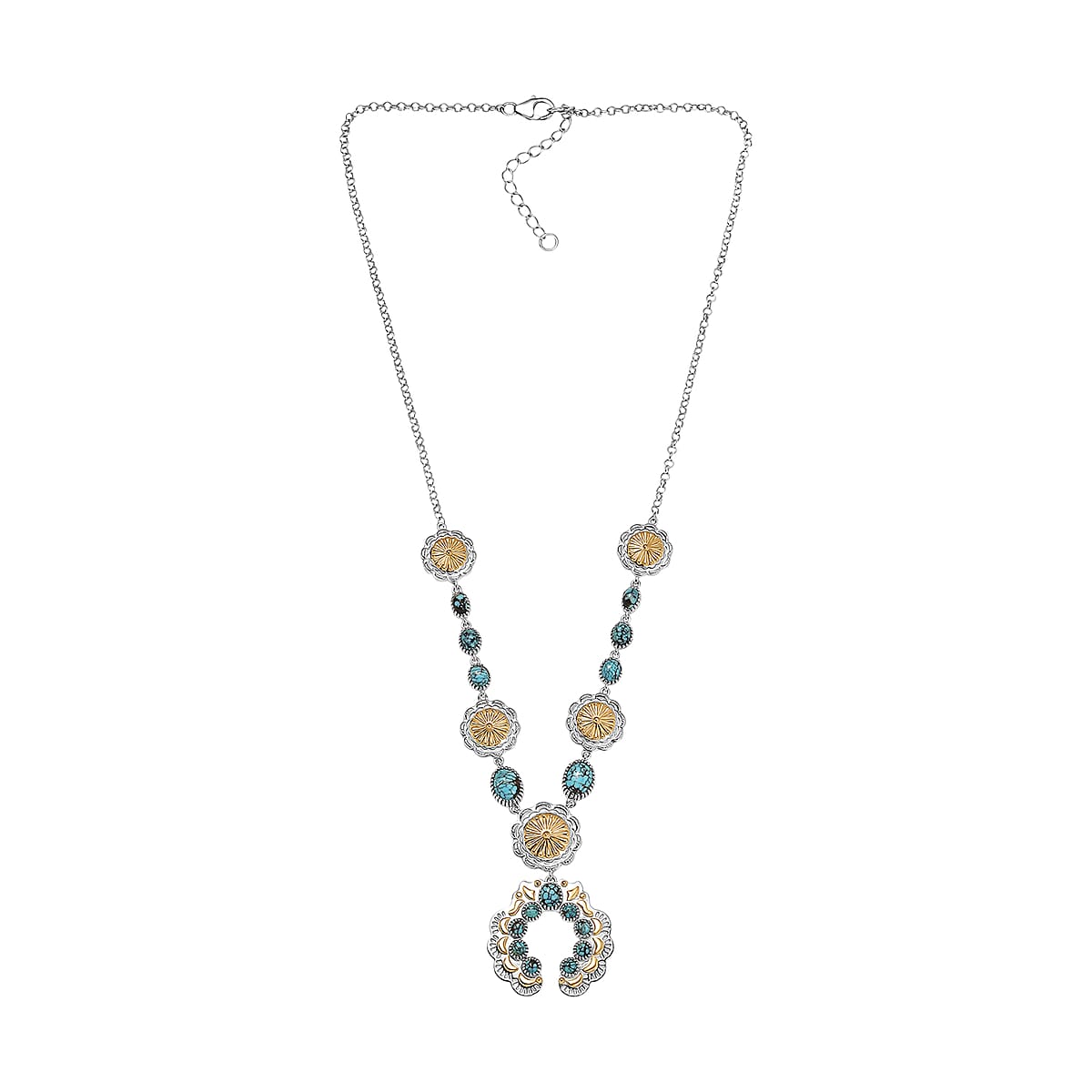 D'Joy Artisan Crafted Blue Moon Turquoise 5.95 ctw Native American Concho Necklace in 18K YG and Rhodium Over Sterling Silver 18 Inches image number 3