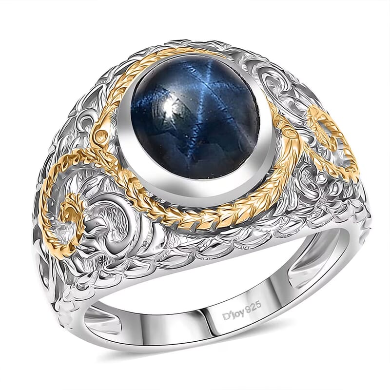 D'Joy Blue Star Sapphire (DF) 4.65 ctw Ring in 14K YG and Rhodium Over Sterling Silver (Size 10.0)