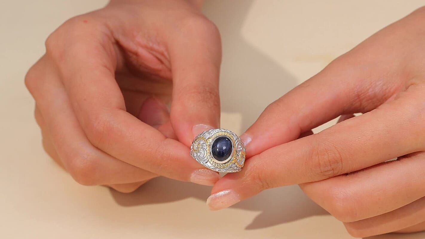 D'Joy Blue Star Sapphire (DF) 4.65 ctw Ring in 14K YG and Rhodium Over Sterling Silver (Size 10.0)