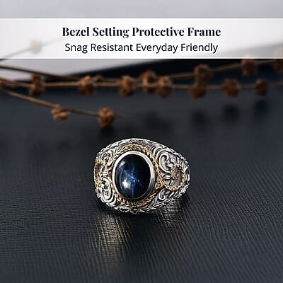 D'Joy Blue Star Sapphire (DF) 4.65 ctw Ring in 14K YG and Rhodium Over Sterling Silver (Size 10.0)