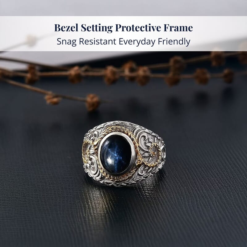 D'Joy Blue Star Sapphire (DF) 4.65 ctw Ring in 14K YG and Rhodium Over Sterling Silver (Size 10.0)