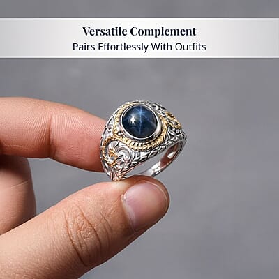 D'Joy Blue Star Sapphire (DF) 4.65 ctw Ring in 14K YG and Rhodium Over Sterling Silver (Size 10.0)