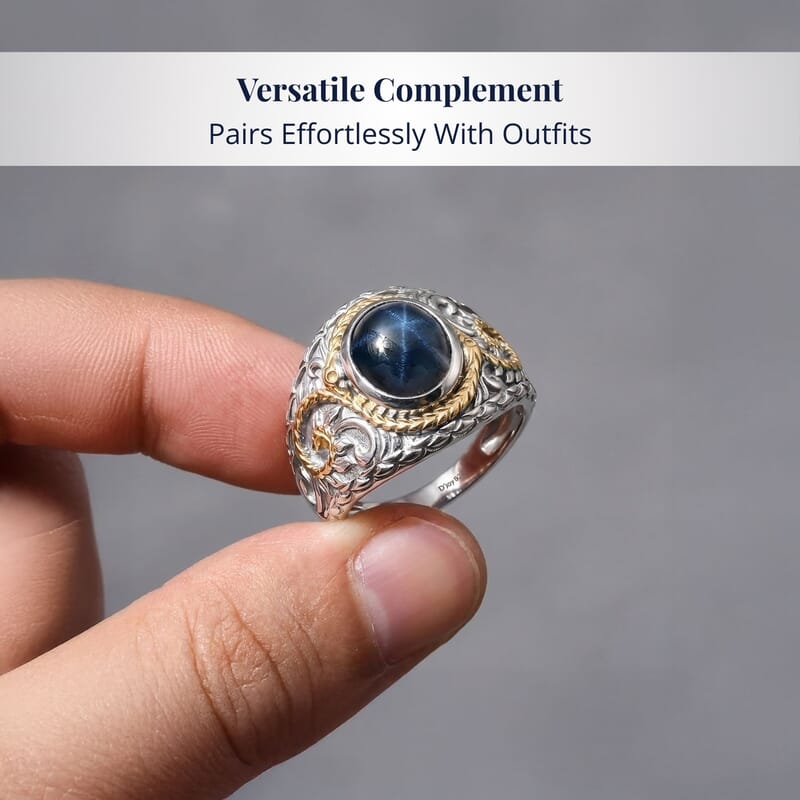 D'Joy Blue Star Sapphire (DF) 4.65 ctw Ring in 14K YG and Rhodium Over Sterling Silver (Size 10.0)