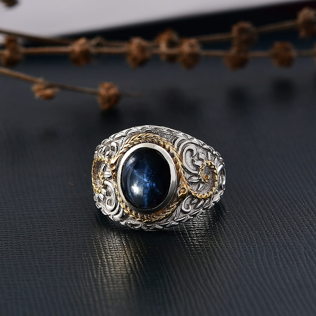 D'Joy Blue Star Sapphire (DF) 4.65 ctw Ring in 14K YG and Rhodium Over Sterling Silver (Size 6.0) image number 1