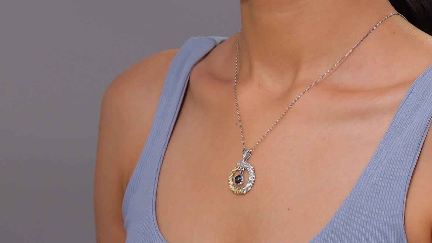 D'Joy Blue Star Sapphire (DF) 1.70 ctw Ouroboros Pendant without Chain in 14K YG and Rhodium Over Sterling Silver