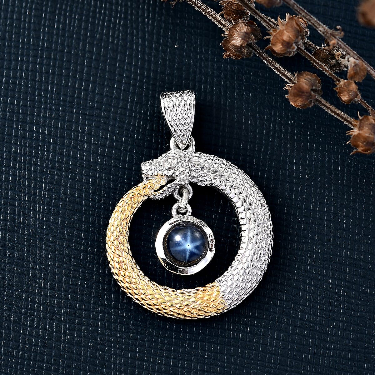 D'Joy Blue Star Sapphire (DF) 1.70 ctw Dragon Pendant without Chain in 14K YG and Rhodium Over Sterling Silver image number 1